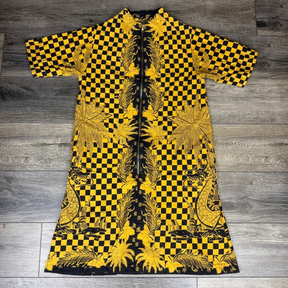 Graphic Dragon Checkerboard Zip Front Mini Dress Yellow Black L Streetwear